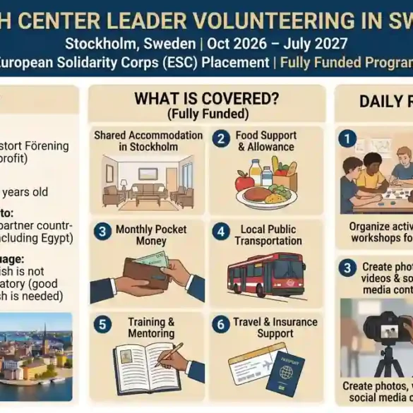 Infographic detailing the European Solidarity Corps fully funded volunteering opportunity in Stockholm, Sweden, highlighting program benefits, eligibility, and daily responsibilities of male youth workers.