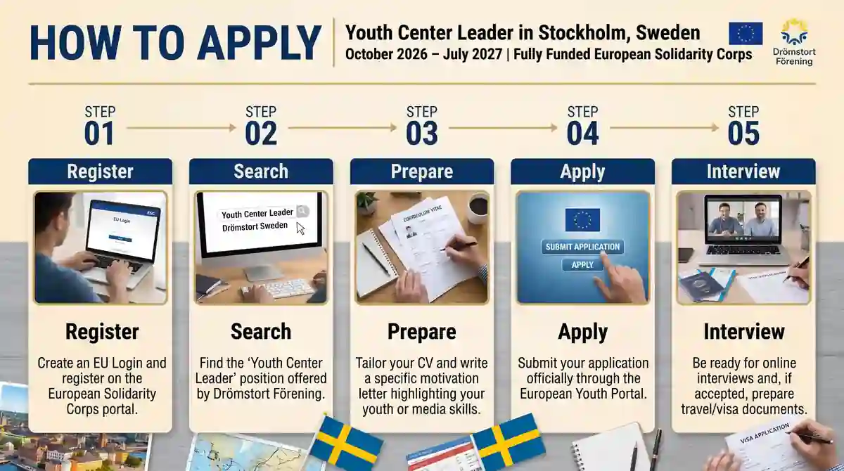 A 5-step visual guide explaining how to apply for the Youth Center Leader volunteering position in Sweden, from EU portal registration to the online interview.